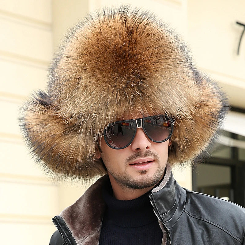 2025 Winter 100% Real Silver Fox Fur Bomber Hat Raccoon Fur Ushanka Cap Trapper Russian Men's Ski Hats Caps