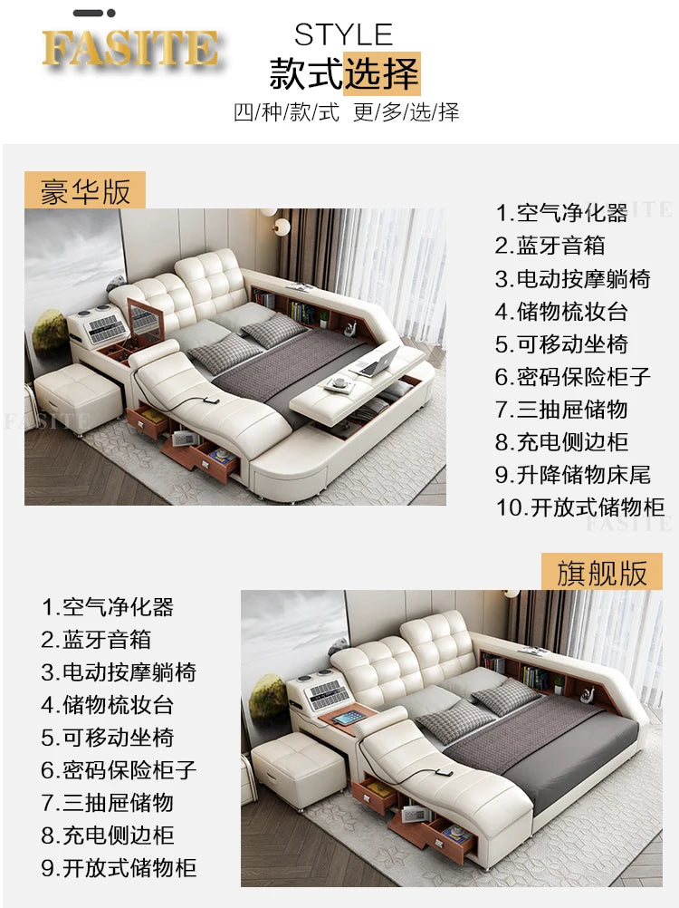 Genuine Leather Bed Tech Smart Multifunctional Massage, Bluetooth Speaker, Air Cleaner — White | KIMLUD