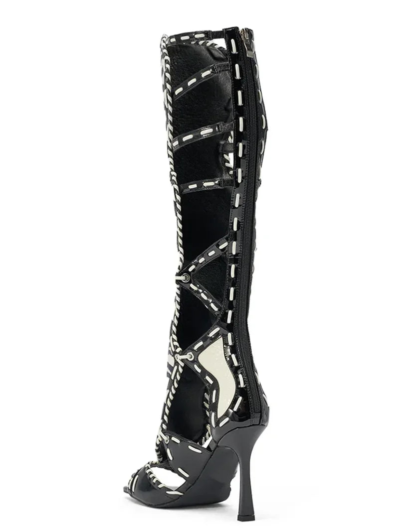 Boots – Patchwork Leather Hollow Out – Square Toe – Zipper Thick Heel | KIMLUD