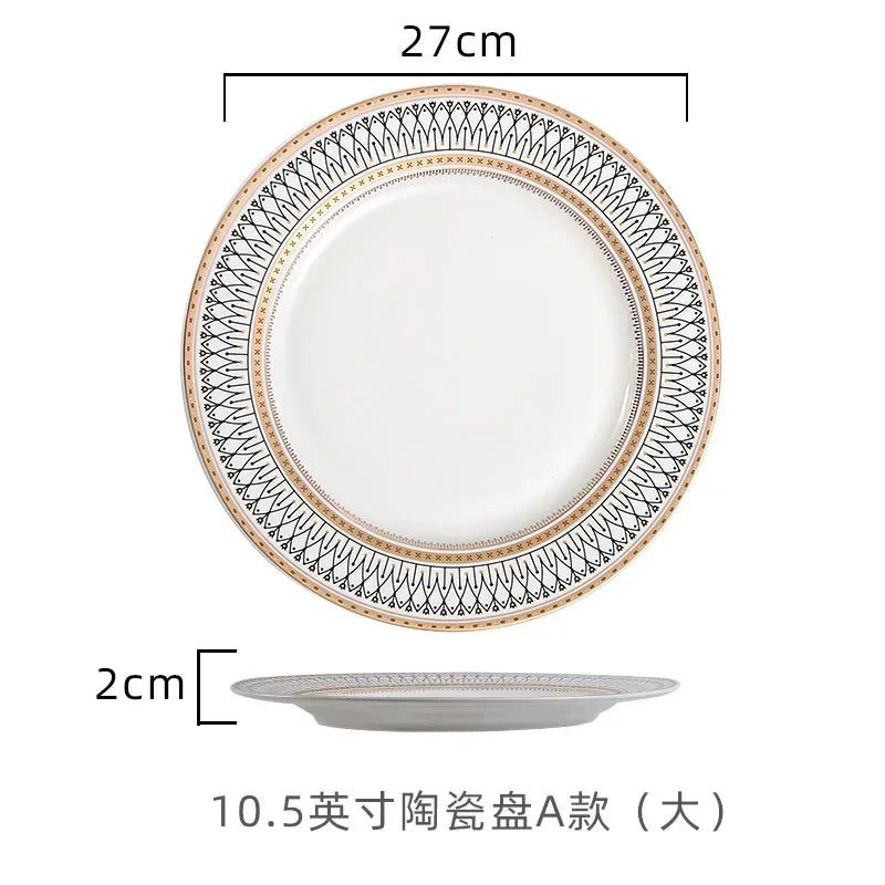 Ceramic Dinner Plates Golden Bead Trim — White | KIMLUD