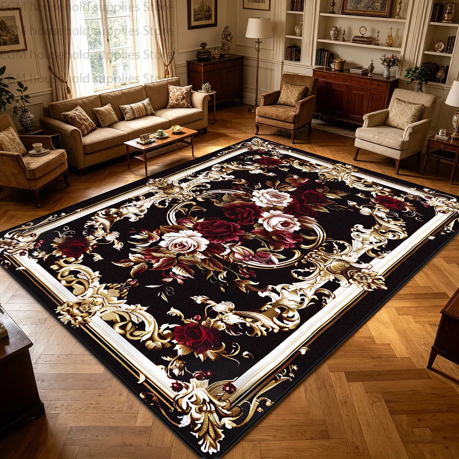 Kilim Polyester Floral Area Rug — Red Gold | KIMLUD