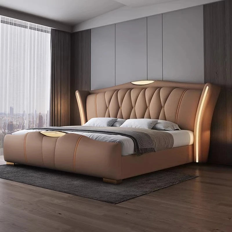 Leather Bed Frame With Lit Headboard — Ivory-Beige | KIMLUD