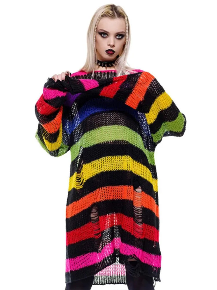 Sweater – Rainbow Gradient Stripes – Knit – Loose | KIMLUD
