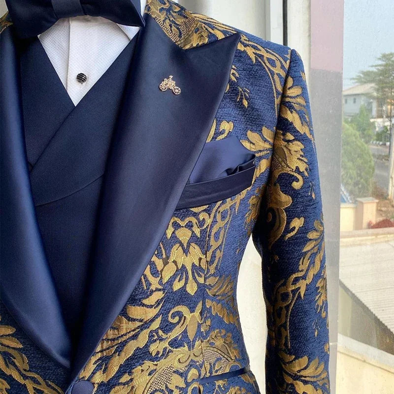 Jacquard Floral Tuxedo Suit Gold Florals — Navy Blue | KIMLUD