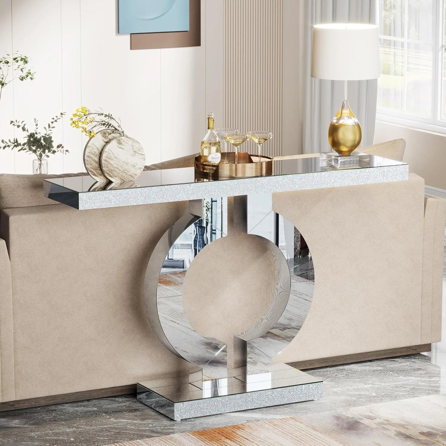 Mirrored Console Table with O-Shaped Base, Entryway Table Glass Sofa Table with Mirror Finish, Rectangle Accent Foyer Table