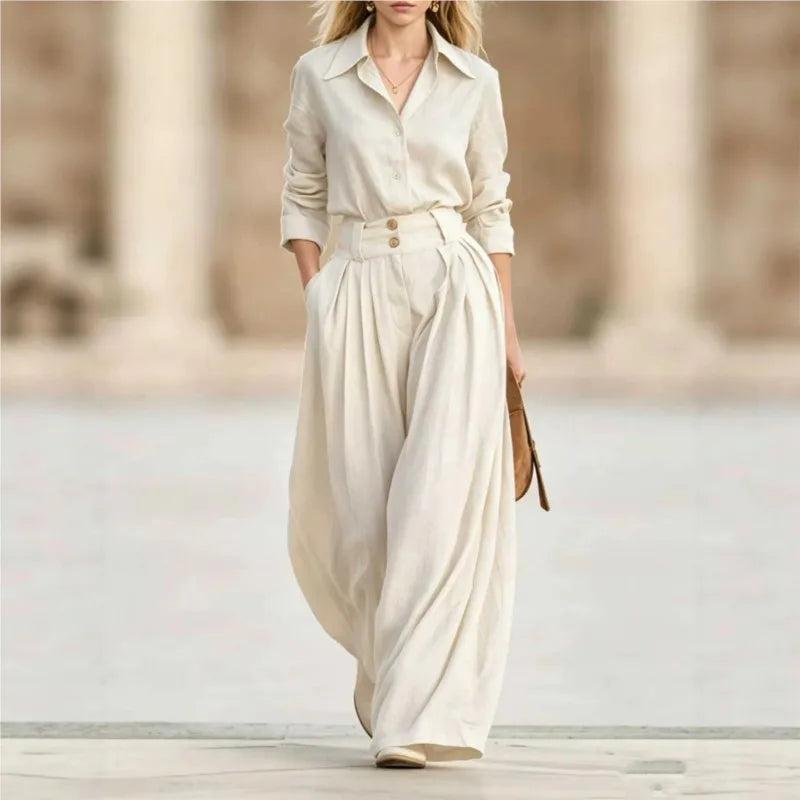 Two Piece Set – Lapel Shirt and Pleated Wide Leg Pants – Loose | KIMLUD