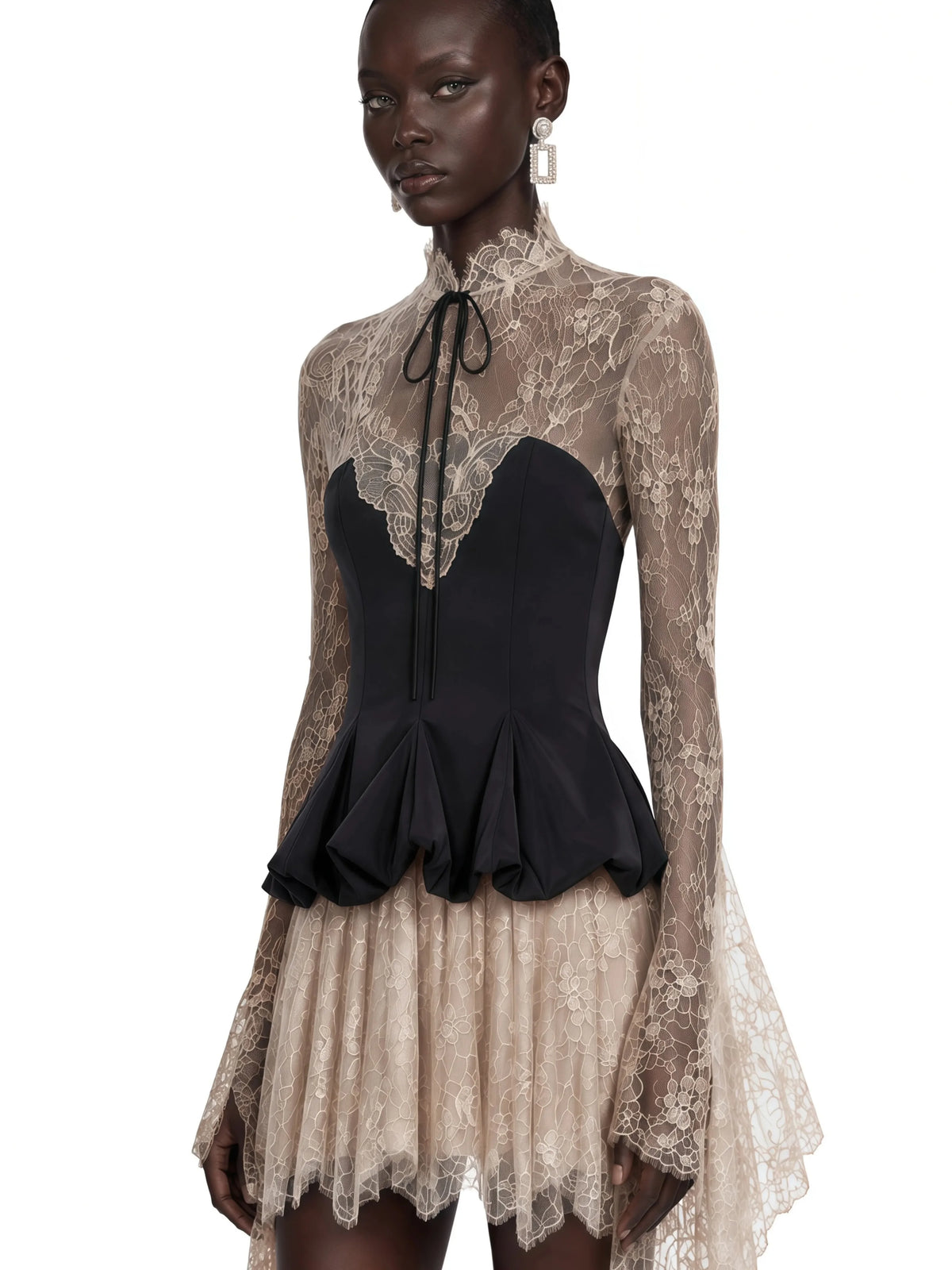 Lace Mini Evening Dress – High Neck Corset – Lace – Black | KIMLUD