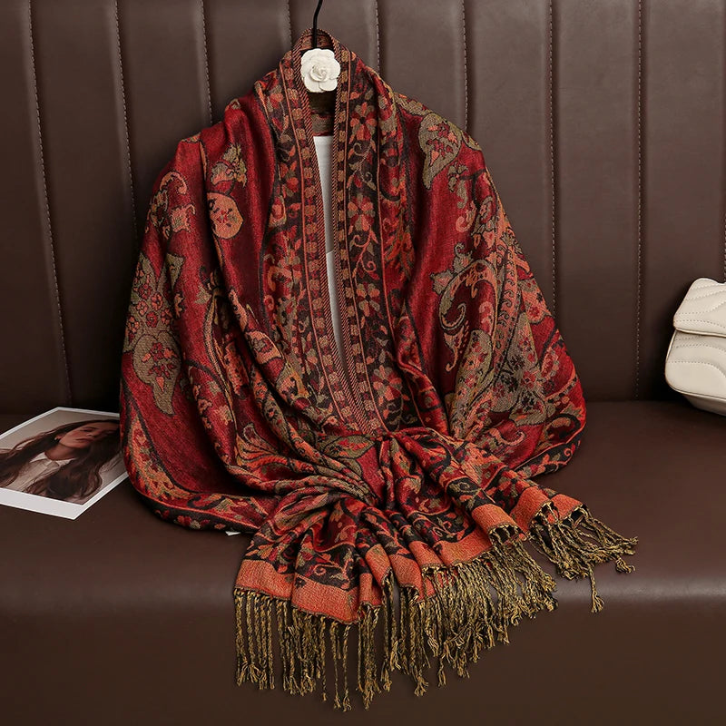 Cashmere Pashmina Shawl With Autumn Print Design, Olive Accents And Gold-Toned Fringe — Red | KIMLUD