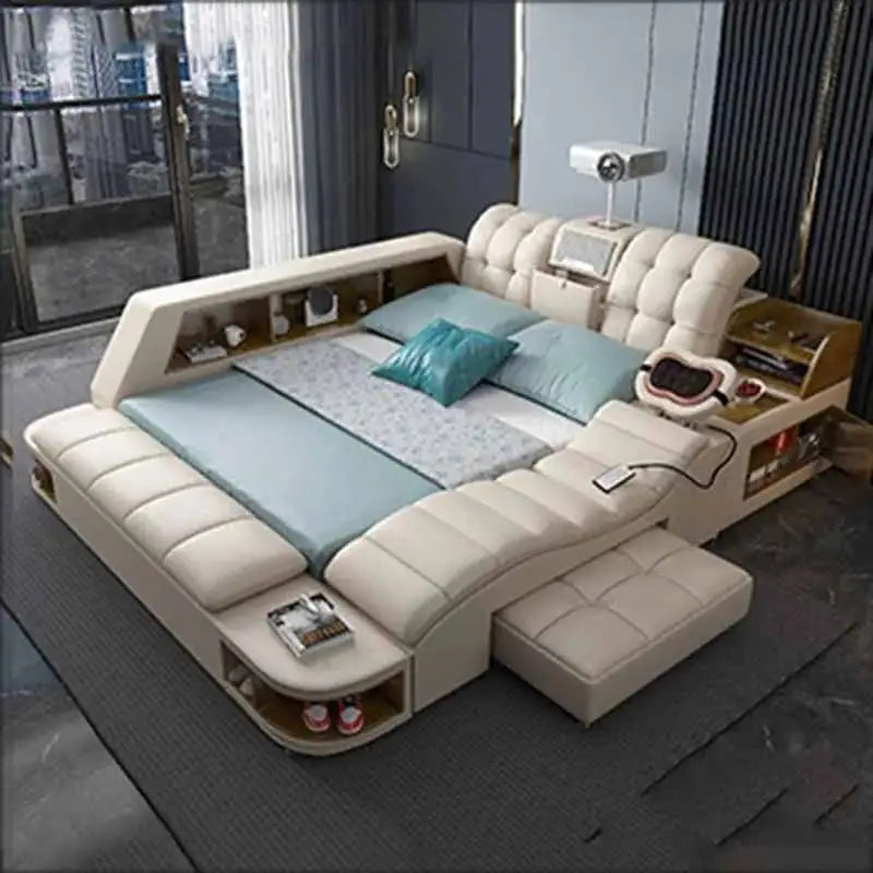 King Simple Double Bed Modern Headrest Storage Sleeping Queen Double Bed Smart Floor Luzko Wielofunkcyjne Furniture For Bedroom