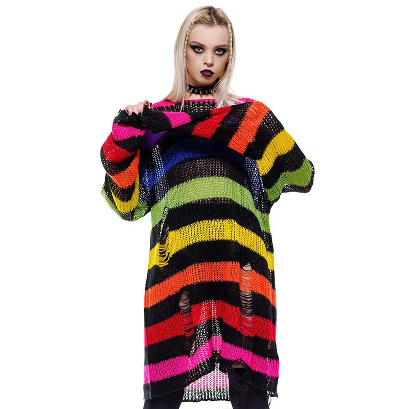 Sweater – Rainbow Gradient Stripes – Knit – Loose | KIMLUD