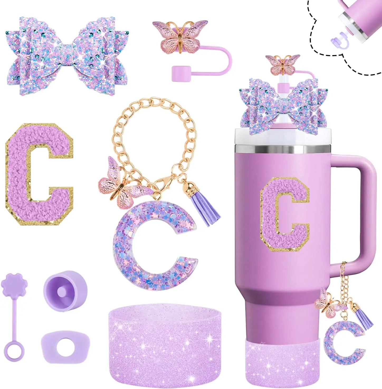 8pcs Cup Accessories Set for Stanley Cup 30oz 40oz tumbler Straw Topper Cover, Boot, Spill Proof Stoppers, Handle Charms Sticker