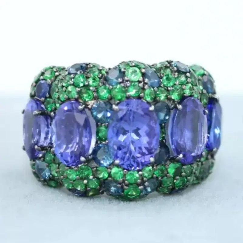 Luxury Inlaid Green Blue CZ Women's Ring Creativity Black Color Geometry Daily Wear Party Jewelry Anniversary Gift