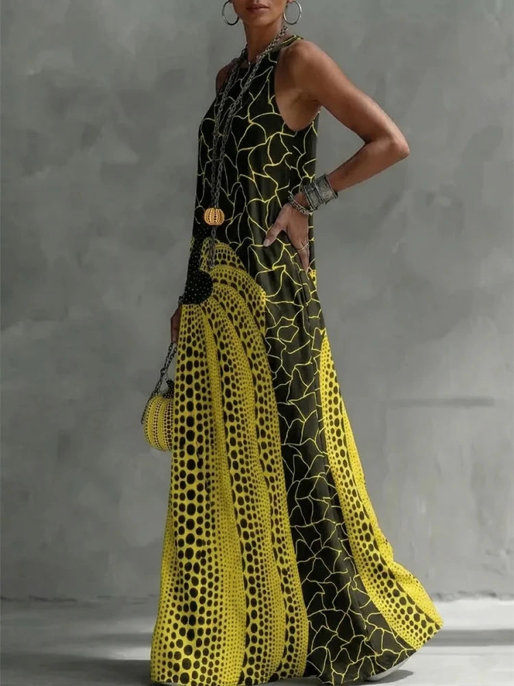 Maxi Dress - Pockets And Polka Dot Print - Polyester | KIMLUD