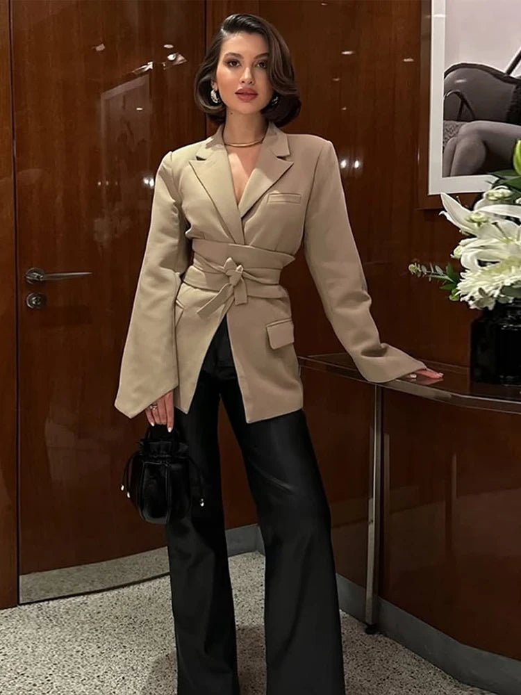 Cotton Lace Up Long Coat With Lapel Neck And Shoulder Pads — Beige | KIMLUD
