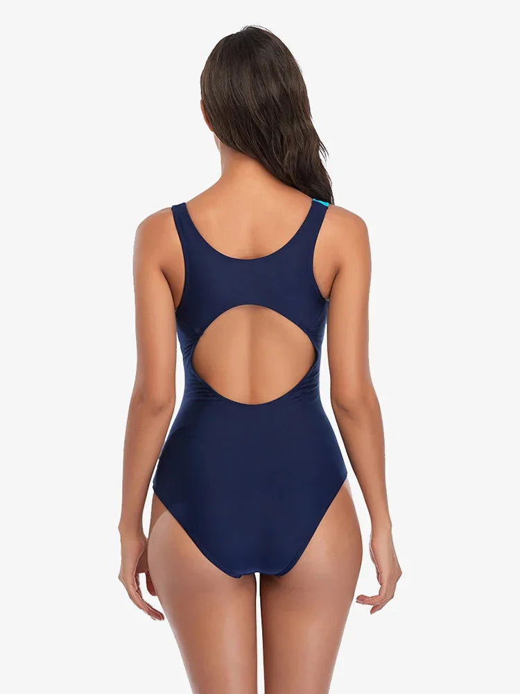 Racerback One-Piece Swimsuit With Azure Panels — Navy | KIMLUD