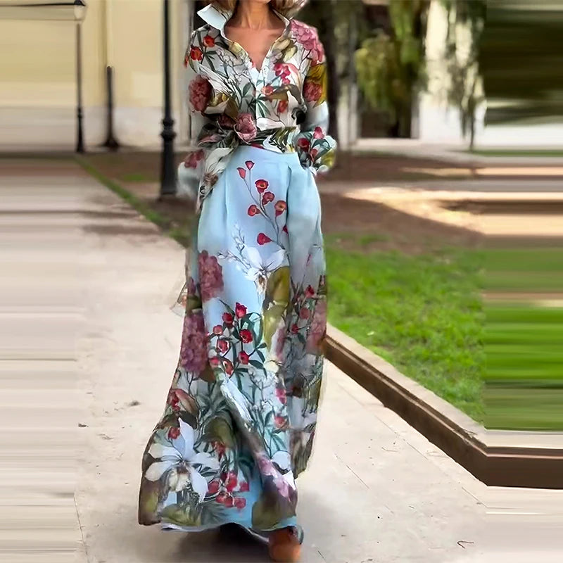 KIMLUD, Retro Floral Print Two Piece Women's Lapel Single Breasted Shirt Top with Long Skirt Suit Fashion Temperament Party Outfits, 01 Print / XXL, KIMLUD APPAREL - Womens Clothes