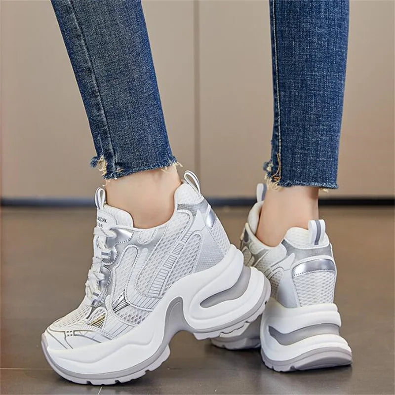 Synthetic Air Mesh Sneakers Platform Wedge — White | KIMLUD
