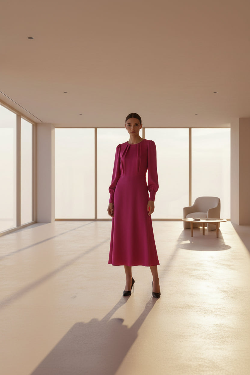 Pleated Jacquard Midi Dress Fit-and-Flare — Fuchsia | KIMLUD