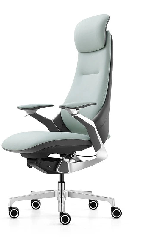 A modern green high-back ergonomic office chair with a headrest, adjustable armrests, and a five-wheel base, shown on a plain white background.