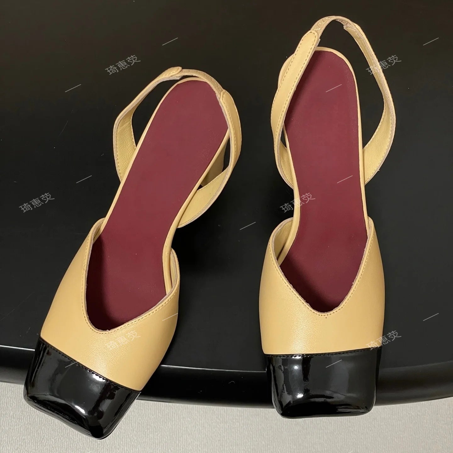 Genuine Leather Patchwork Slingback Sandals Thick Heel With Glossy Toe Cap — Beige | KIMLUD