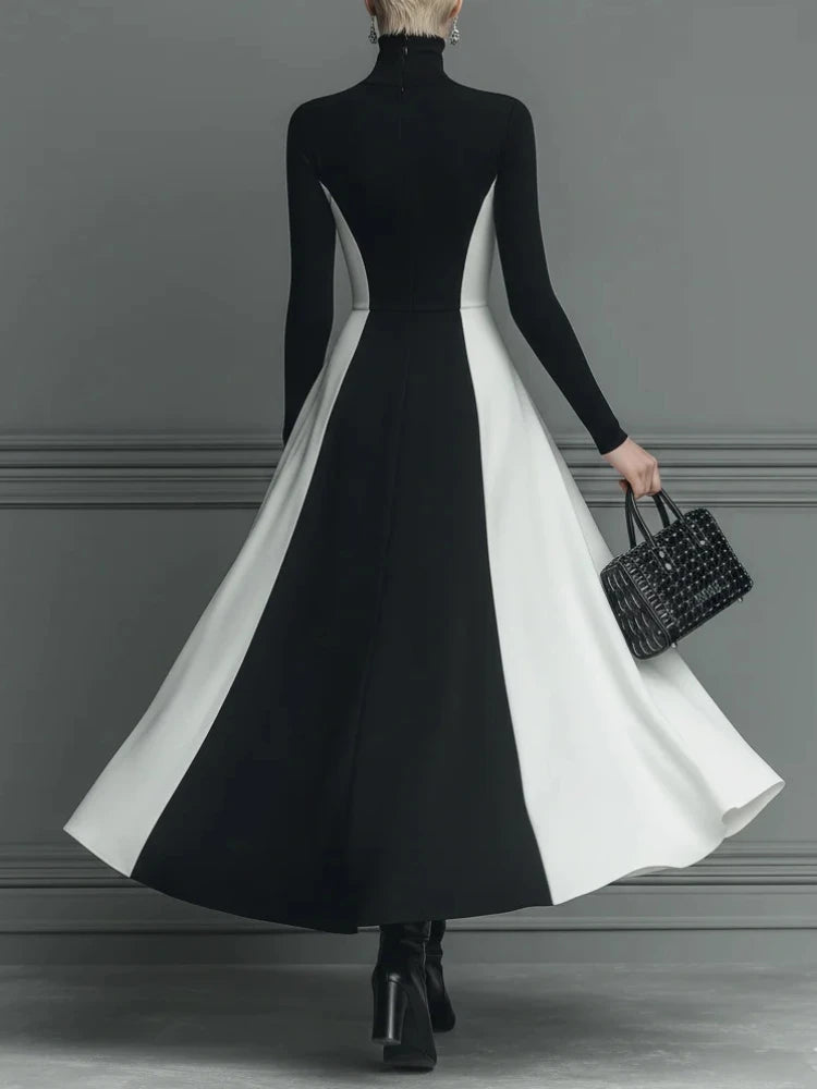 Patchwork Maxi Dress – Turtleneck – Polyester – Black White | KIMLUD