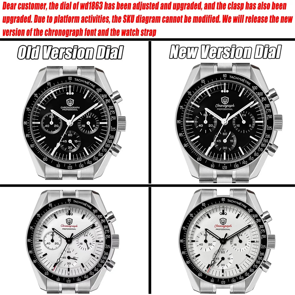Watchdives WD1863 Quartz Watch VK63 Chronograph Movement Bubble Sapphire Crystal 10Bar Waterproof Luminous 39mm Vintage Watches