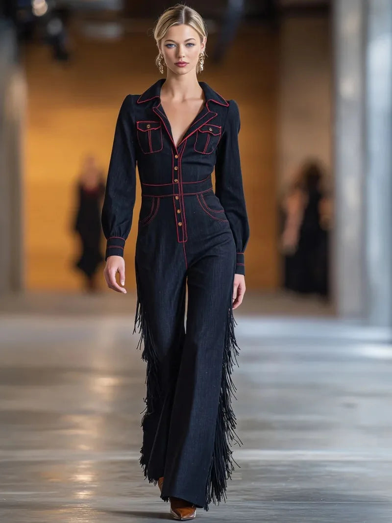 Denim Fringed Jumpsuit Button Front Deep V-Neck — Black | KIMLUD