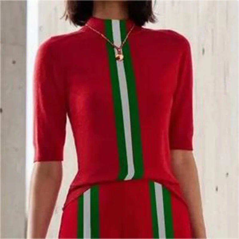 Striped T-Shirt – Skinny Silhouette – Blended – Red | KIMLUD