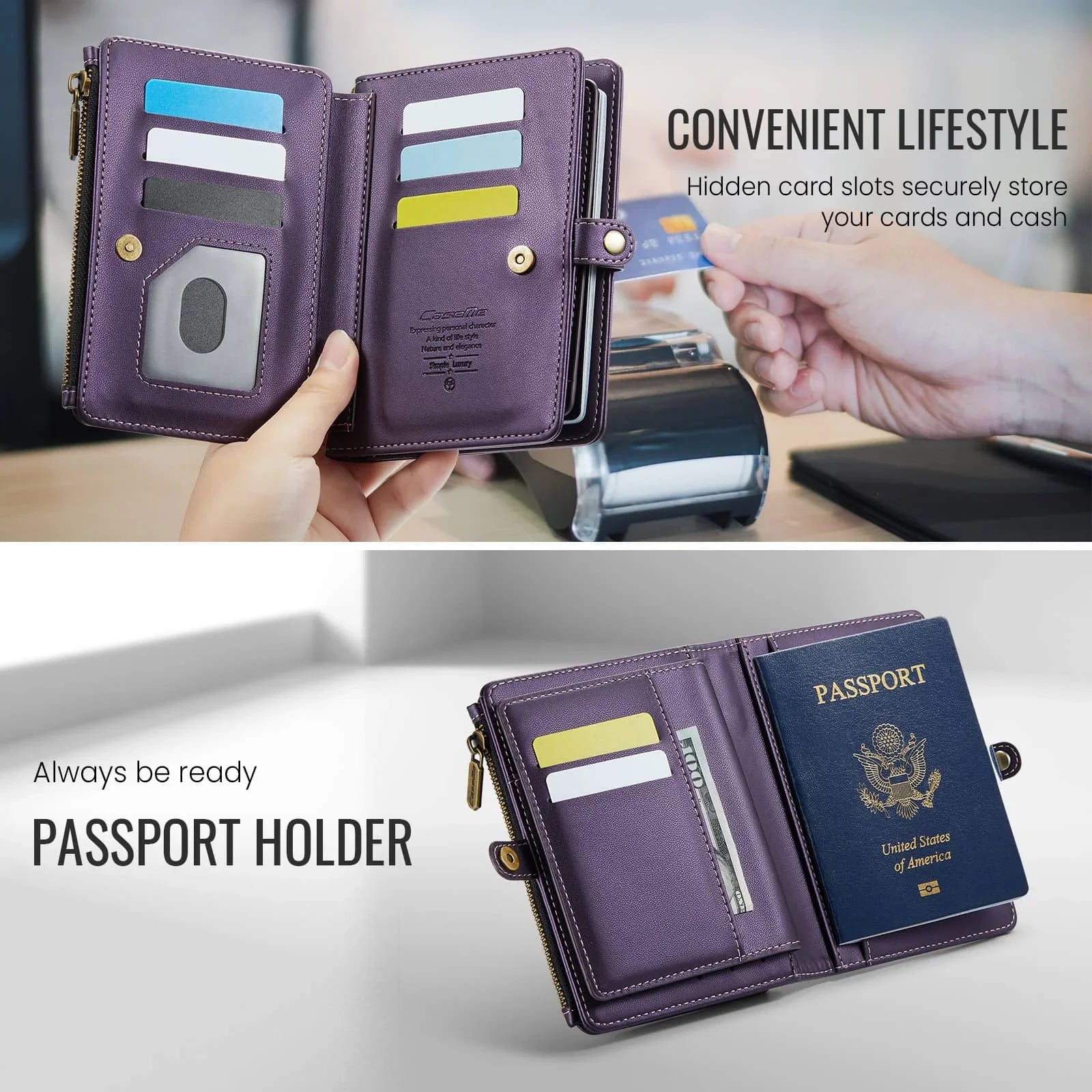 Passport Holder for Travel, Passport Case Wallet With Strap Wristlet and Zipper Wallet for Men Women Gold
