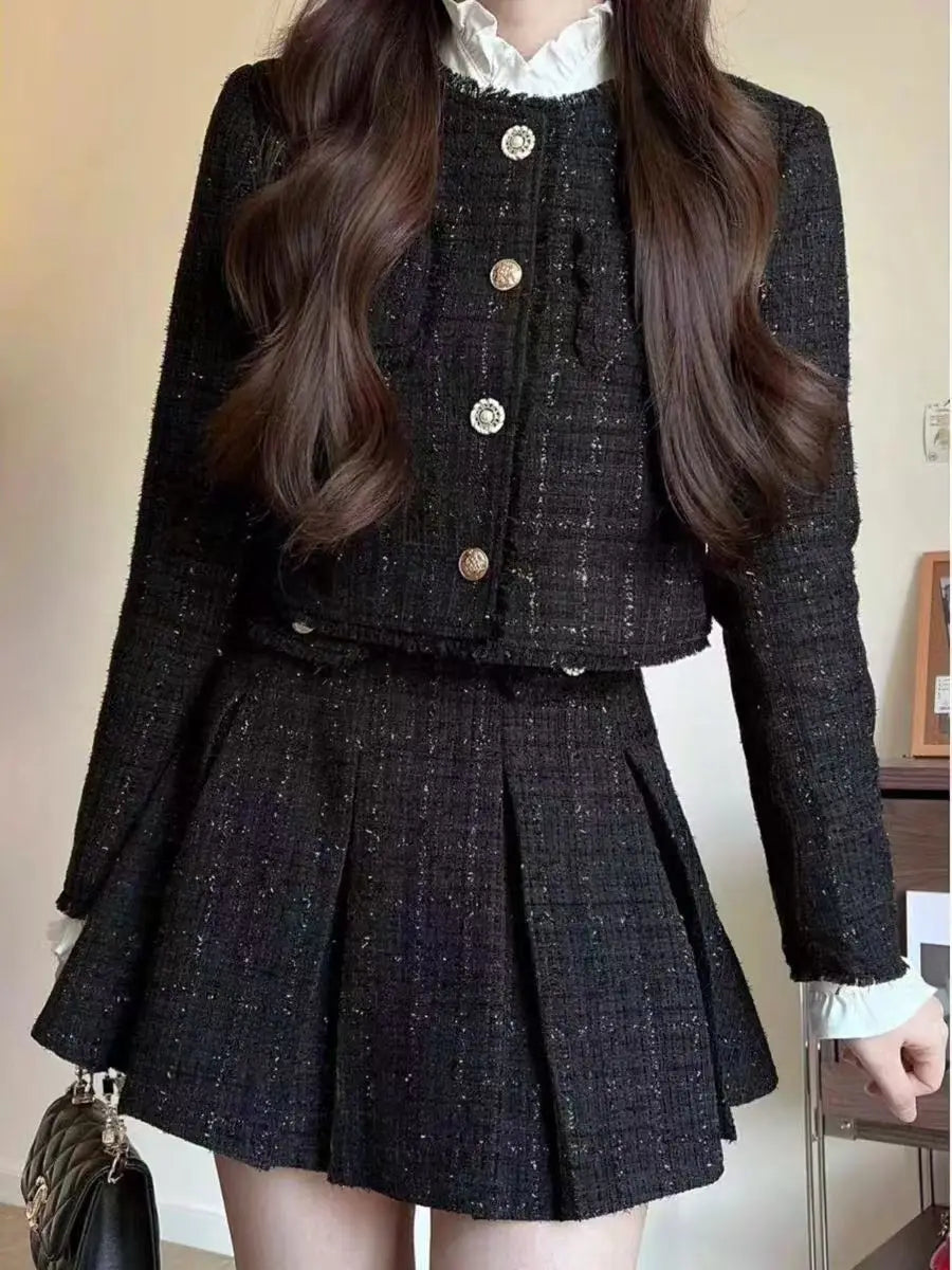 KIMLUD, Spring and Autumn High end Slim Fit Short Tweed Coat High Wasit A-line Mini Skirts Set Sweet Black Two Piece Sets Women Outfits, KIMLUD Womens Clothes