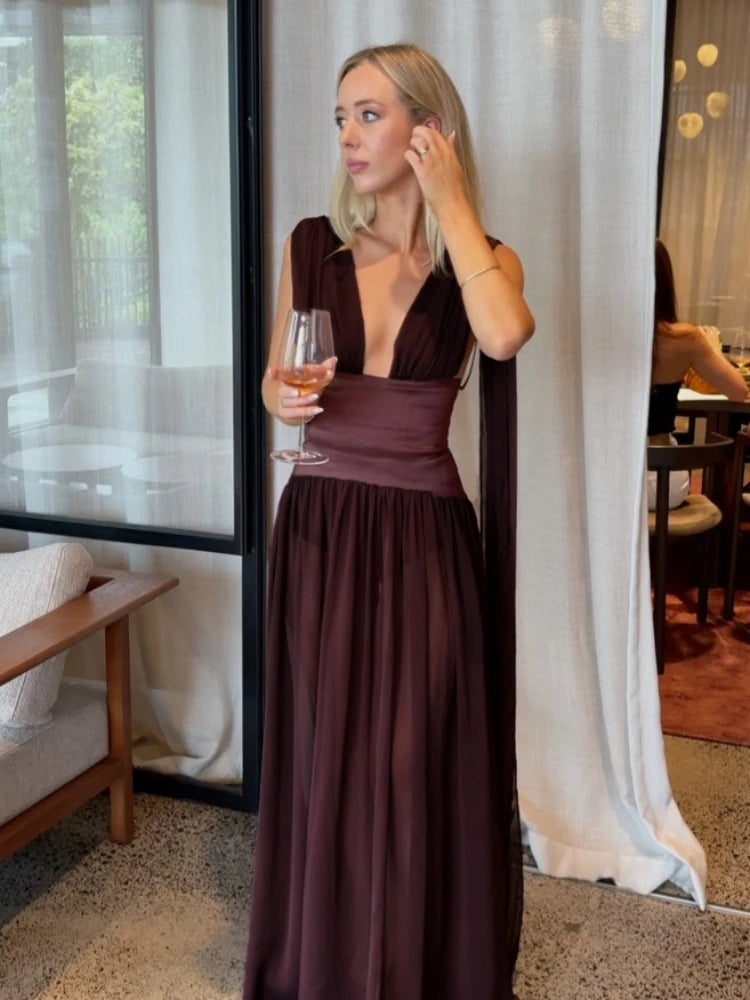 Evening Maxi Dress – Sexy Deep V-Neck Backless – Polyester | KIMLUD