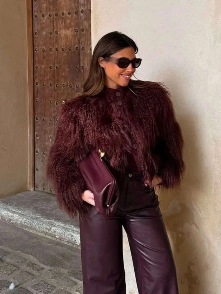 KIMLUD, HH Women's New Faux Fur Effect Knitted Crew Neck Jacket Female Winter Elegant Temperament Single-Breasted Long Sleeve Coat, KIMLUD Womens Clothes