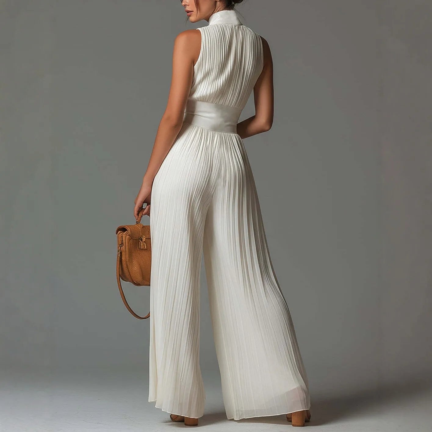 Spring Summer Women White Ruched Halter Jumpsuit Playsuit Wide Leg Romper