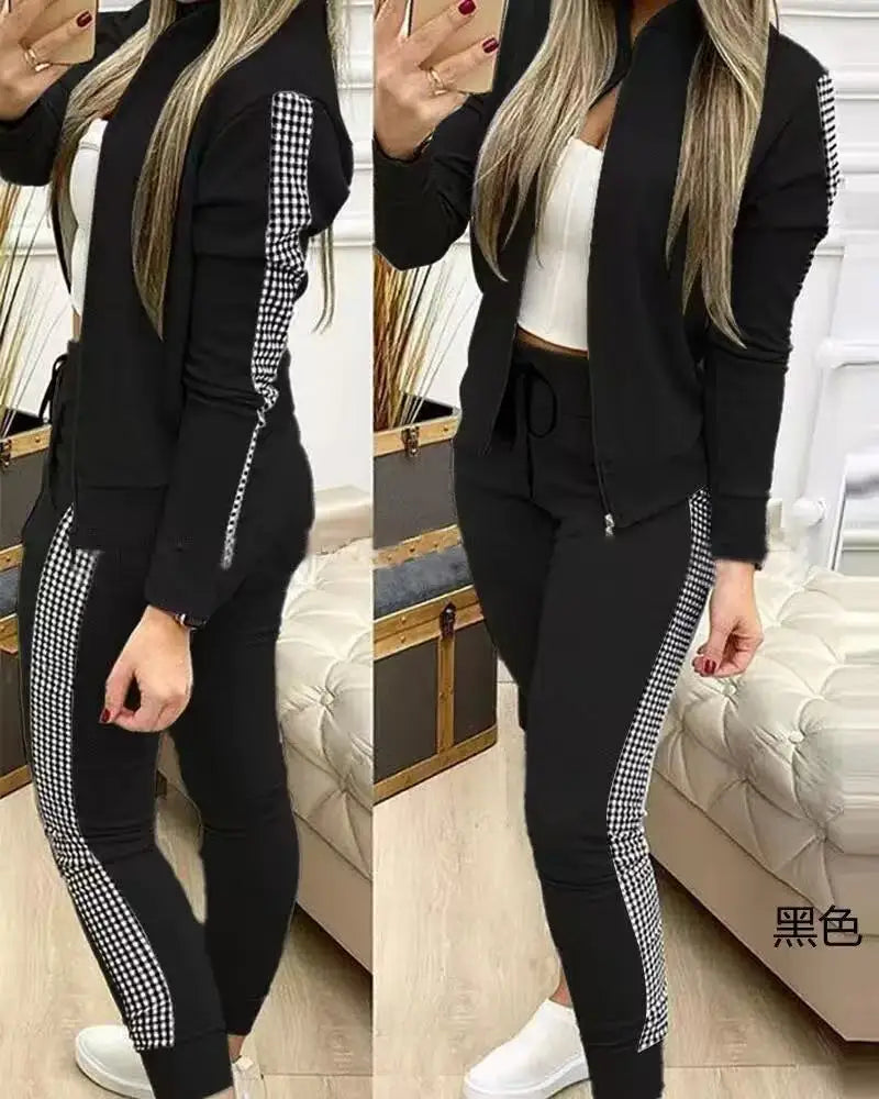 Wool-Blend Plaid Zippered Tracksuit Two-Piece Set With Drawstring Pants — Gray Plaid | KIMLUD