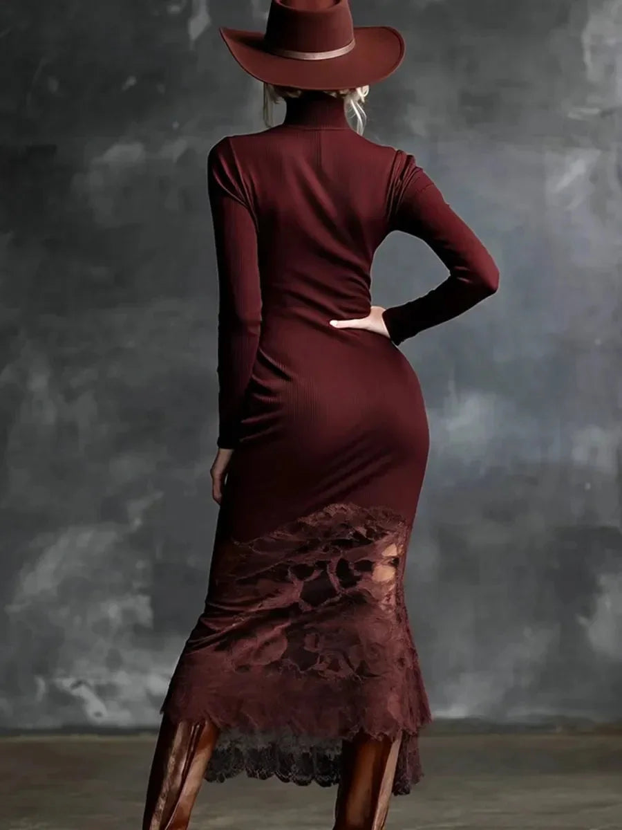 KIMLUD, Women's Sexy Lace Splicing Long Dress High Neck Slim Fit Long Sleeve Wine Red Maxi Dress for Autumn Comfortable Evening Wear, KIMLUD Womens Clothes