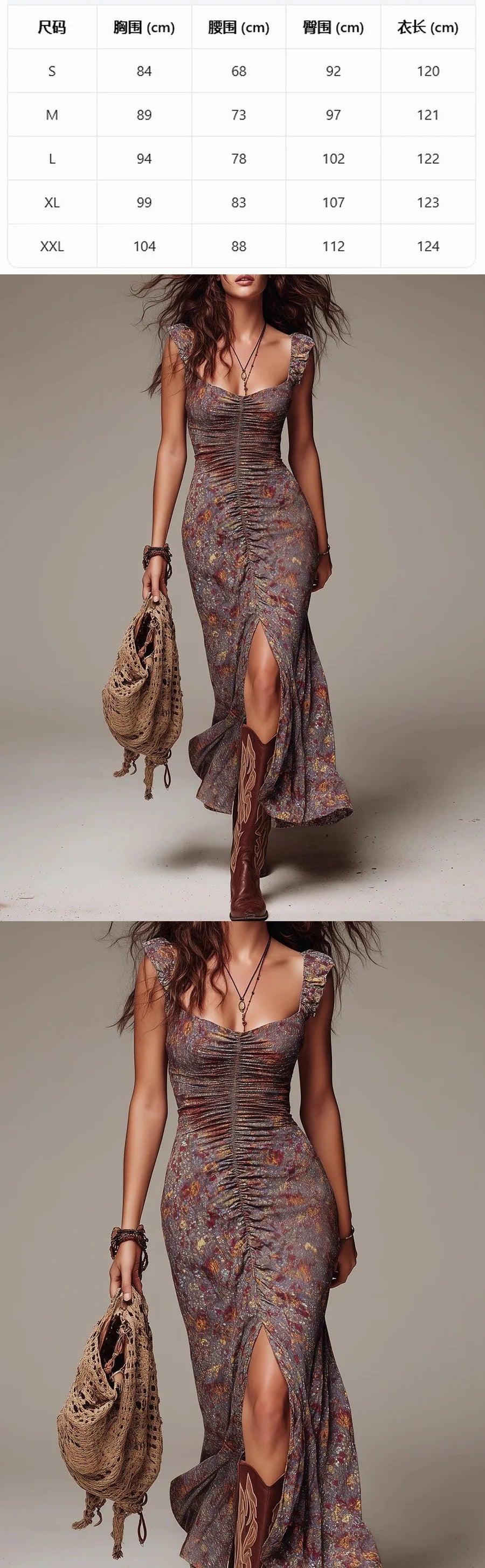 Retro Floral Wrap High Slit Bodycon Dress Boho Elastic Waist Long Dresses Spring Summer