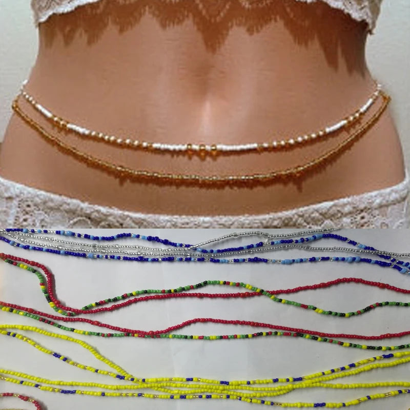 Gold-Tone Glass Beads Waist Beads Double-Strand — Gold | KIMLUD