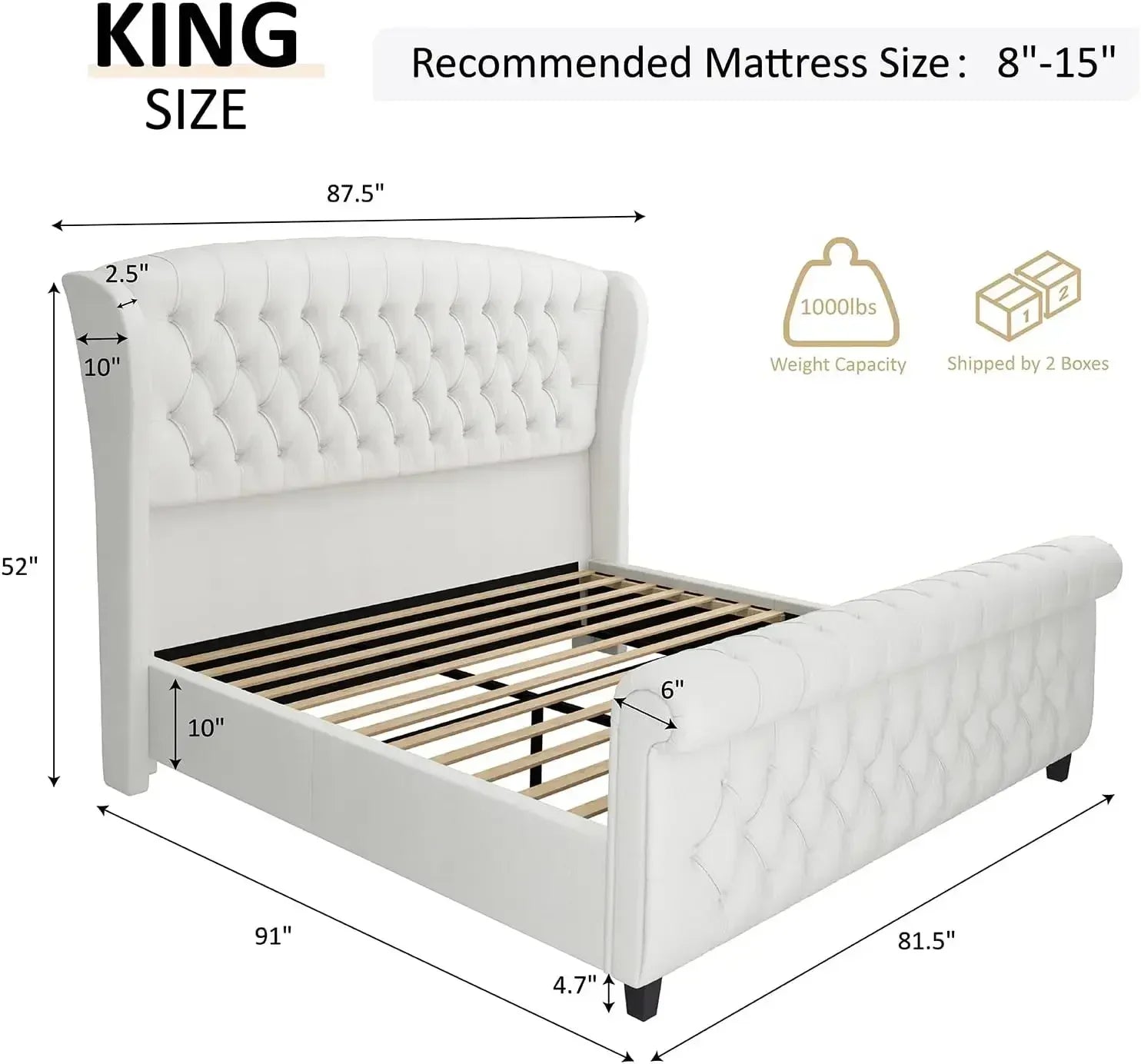 Chenille Sleigh King Size Bed Frame — Ivory | KIMLUD