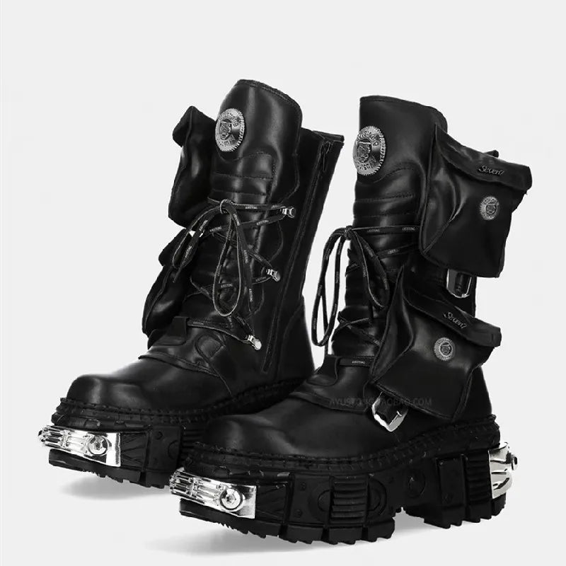 2024 New Punk Women Platform Ankle Boots Female's Rock Round Toe Lace Up Fashion Retro Chunky Shoes Metal Decor Short Boots