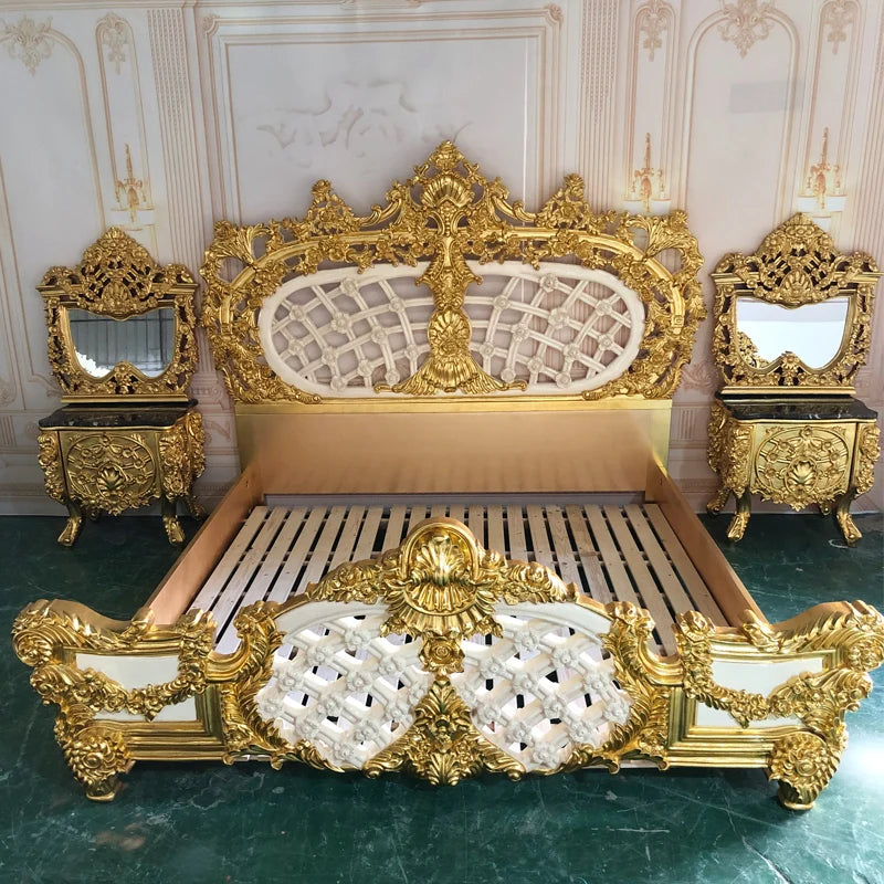 European Double Bed Ornate Upholstered Frame With Subtle Couture Detailing And Regal Silhouette — Antique Gold | KIMLUD
