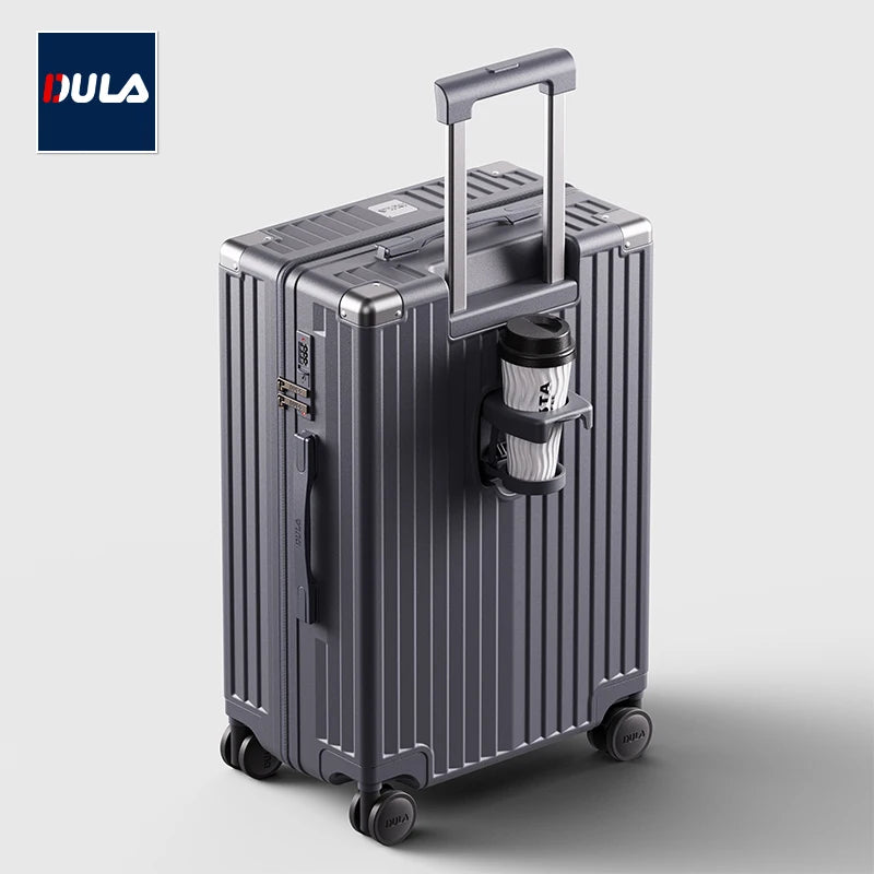 DULA Carry On Luggage with Cup Phone Holder Hard Shell Rolling Travel Suitcase with Spinner Wheels 20 24 26 Inch