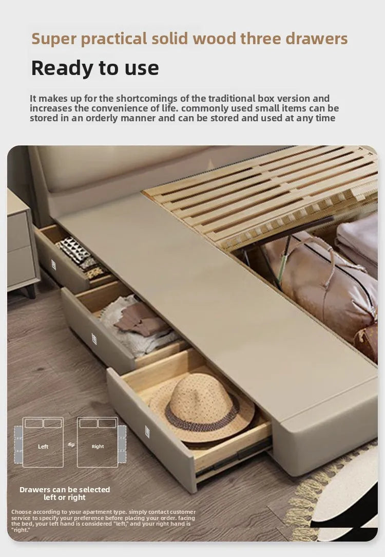 Modern Minimalism Genuine Napa Leather Bed With Built-In Storage Drawers — Beige | KIMLUD