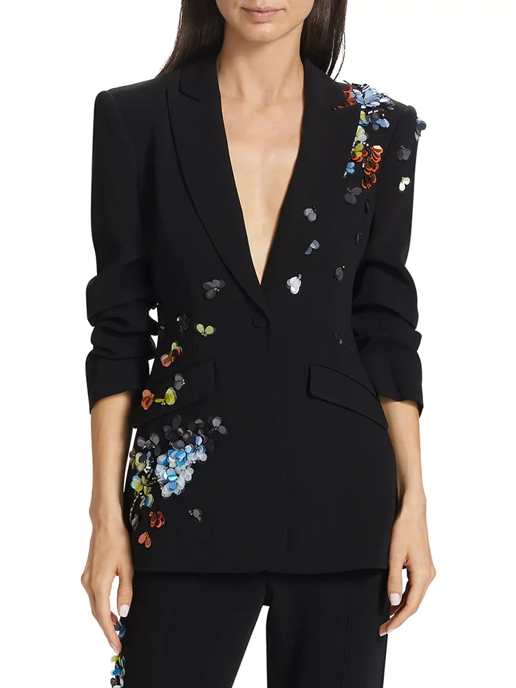 KIMLUD, VGH Solid Spliced Sequins Slimming Blazers For Women Notched Collar Long Sleeve Tunic Casual Chic Blazer Female New Autumn 2024, KIMLUD Womens Clothes