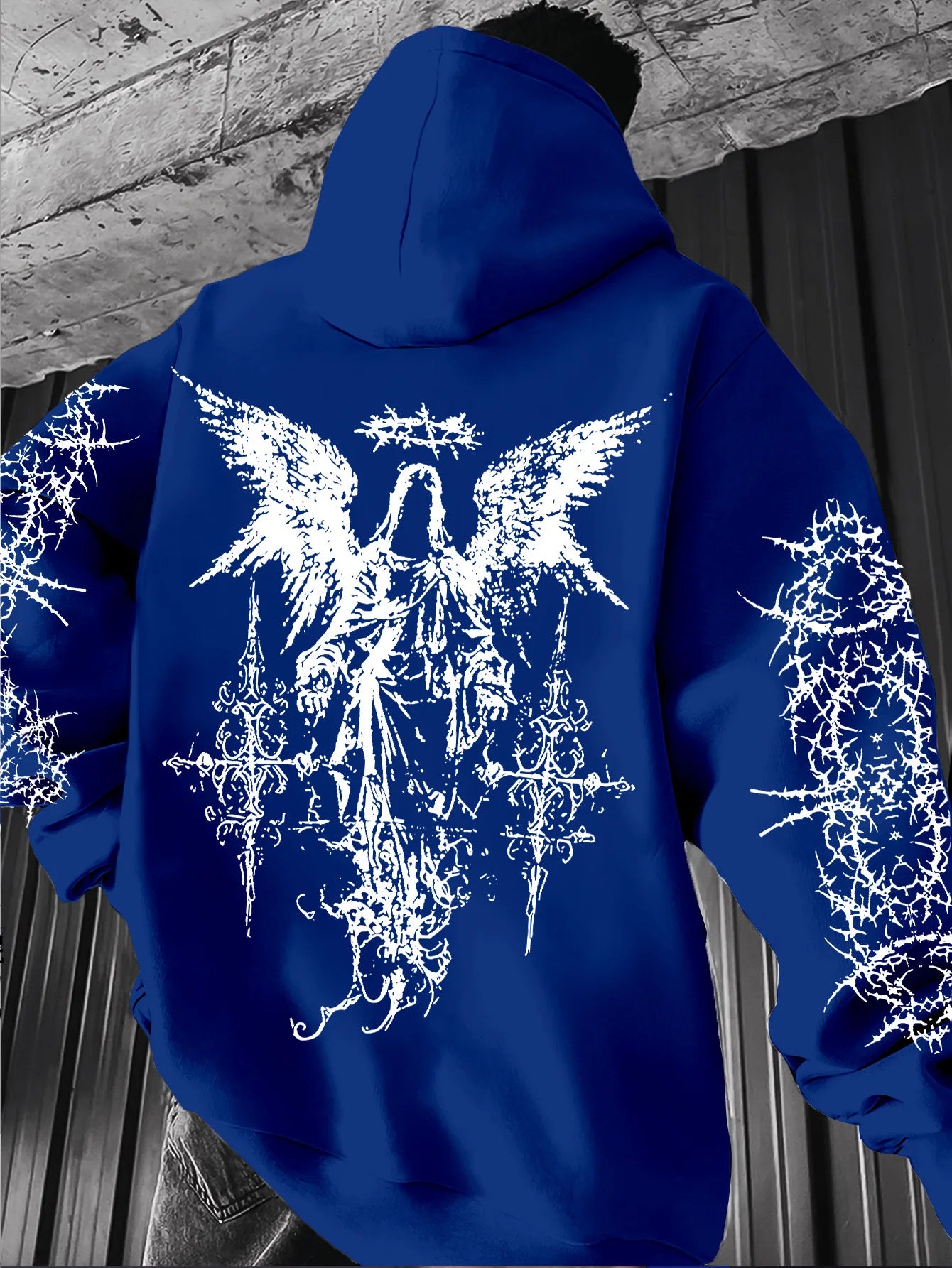 Hooded Sweatshirt – Angel Graffiti Thorn Print – Polyester – Regular Fit | KIMLUD