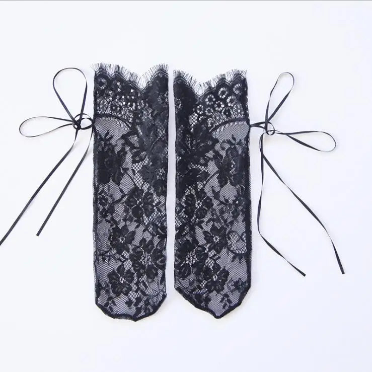 Lace Mesh Socks Floral Transparent — Black | KIMLUD