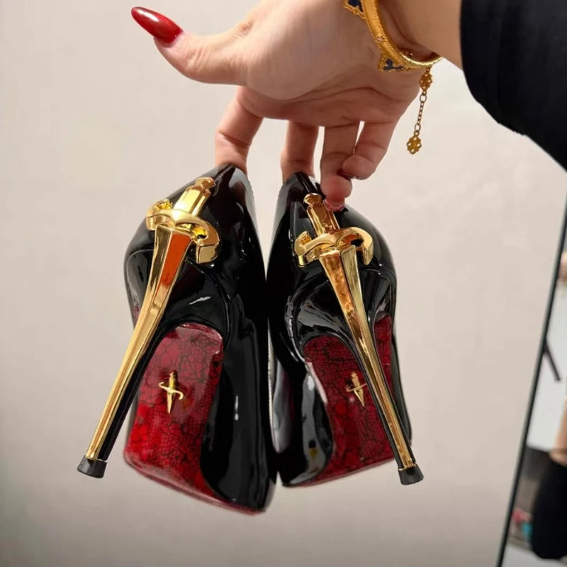 Super Fiber Leather High Heels Power-Sword Snake-Patterned — Red | KIMLUD