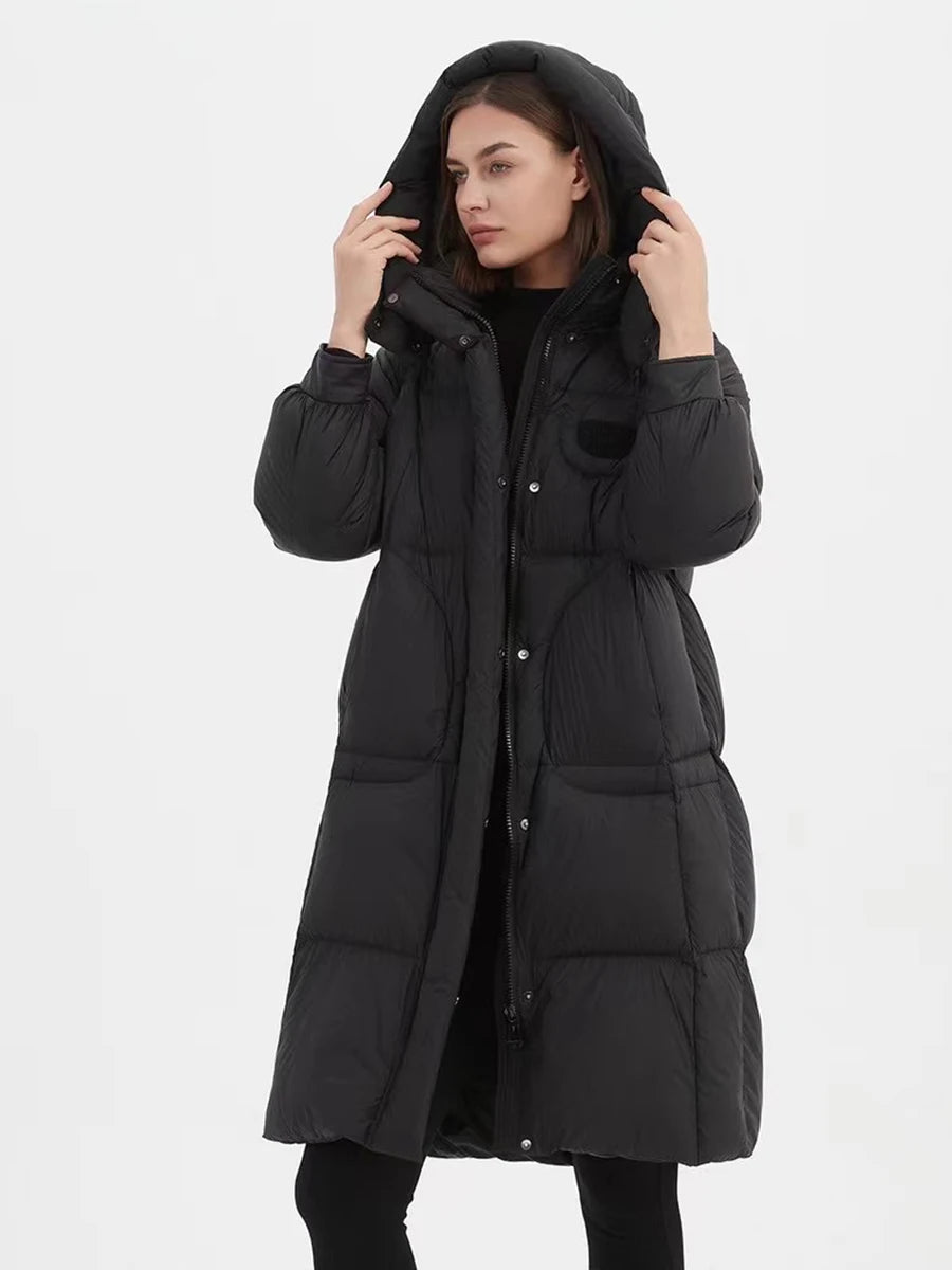 Hirsionsan Winter Long Solid Hooded Puffer Clothing Women Loose Casual White Duck Down Jackets Retro Streetwear Simple Warm Coat