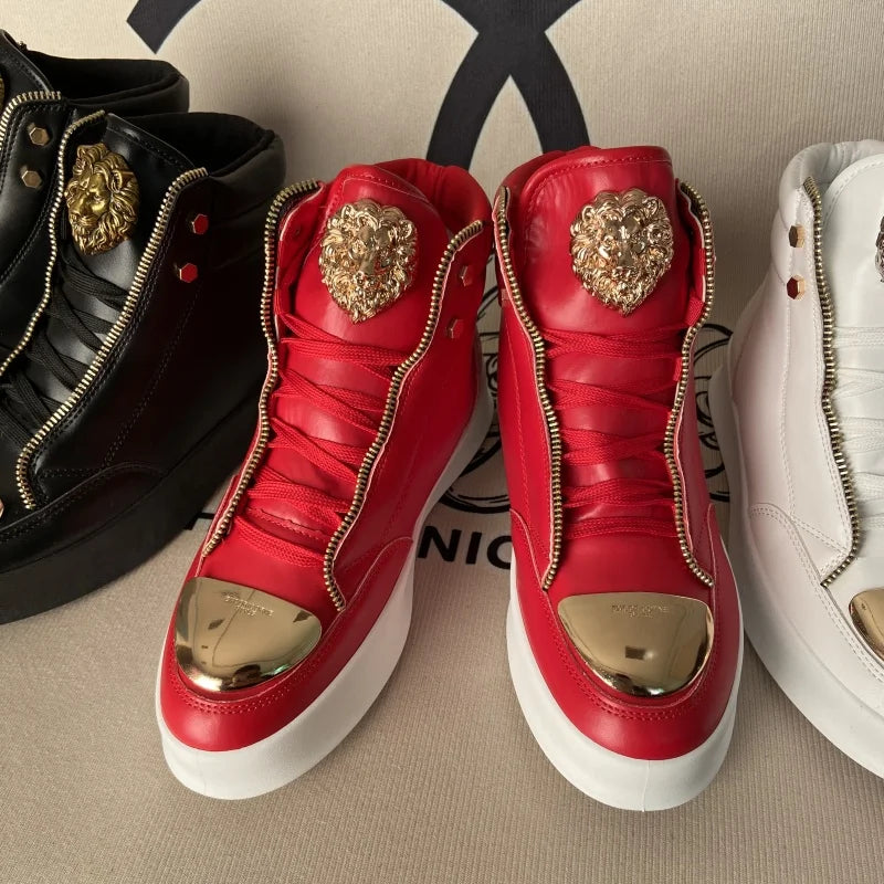 Artificial Leather Sneakers Lion Head Crest Embellishment Patchwork Texture — Crimson Red | KIMLUD