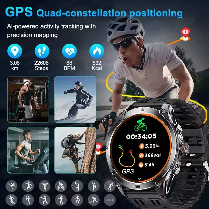 2025 New Military Smart Watch 1000Mah Battery GPS Compass 10ATM Waterproof Tactics Sport Flashlight BT call Smart Watch For Men