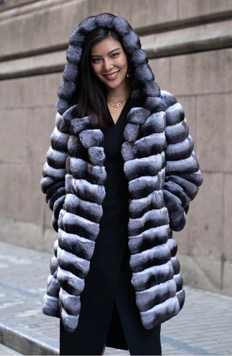 Women's fur coat winter warm mink coat casual mid-length thick hooded trench coat